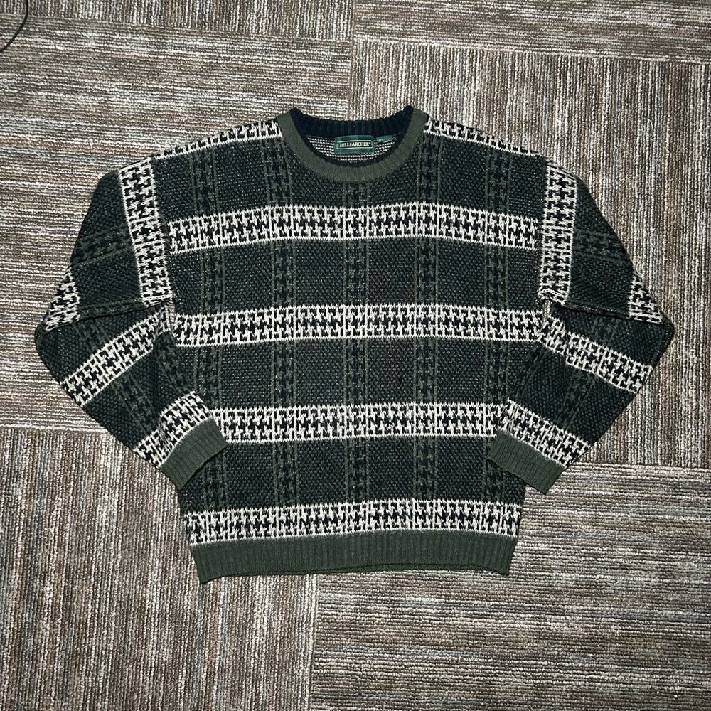 Hill & Archer Sweater Mens Medium Tan Green Plaid Chunky Knit Crewneck Vintage